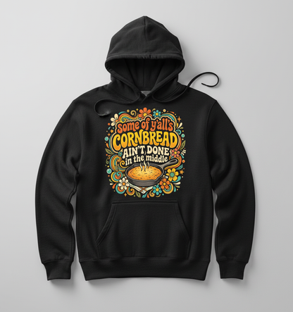 Funny Southern Saying 'Cornbread Ain't Done' Retro 70s Design Hoodie - Black