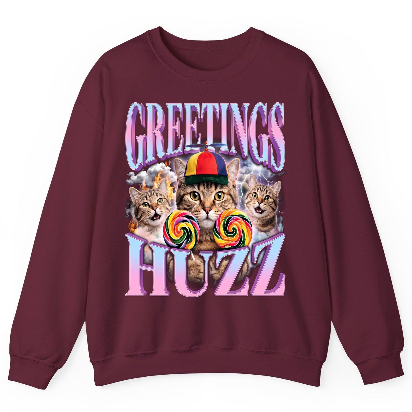 Greetings Huzz Funny Cats Sweatshirt - product mockup - Maroon