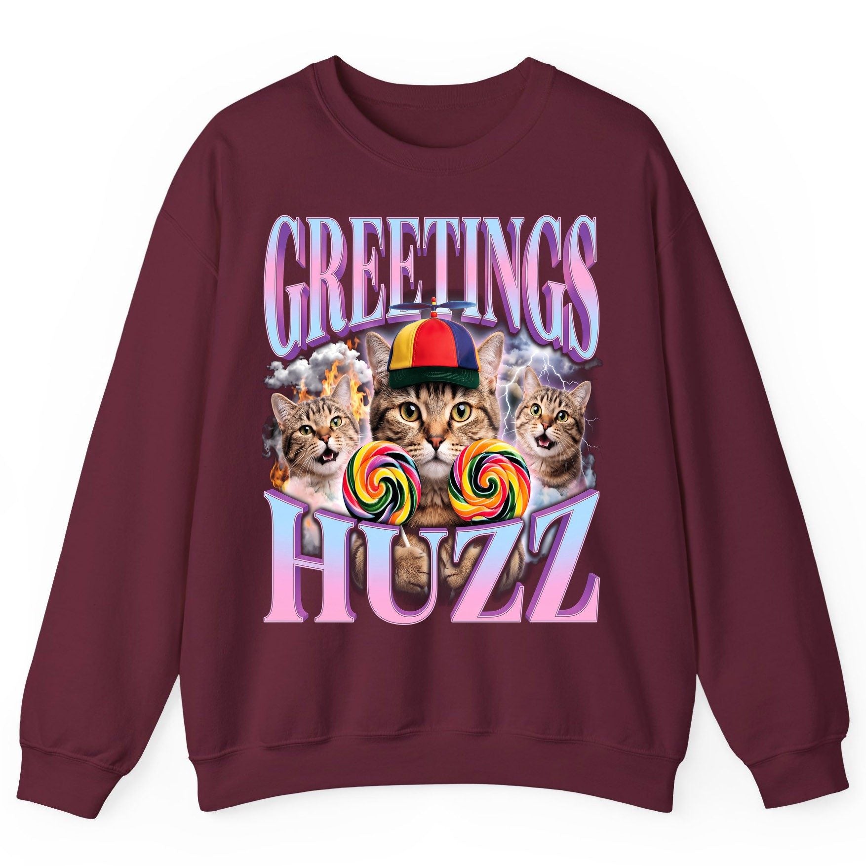 Greetings Huzz Funny Cats Sweatshirt - product mockup - Maroon