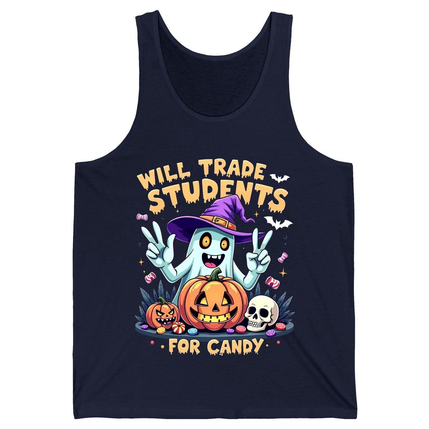 Will Trade Students for Candy teacher humor Tank Top Navy product mockup