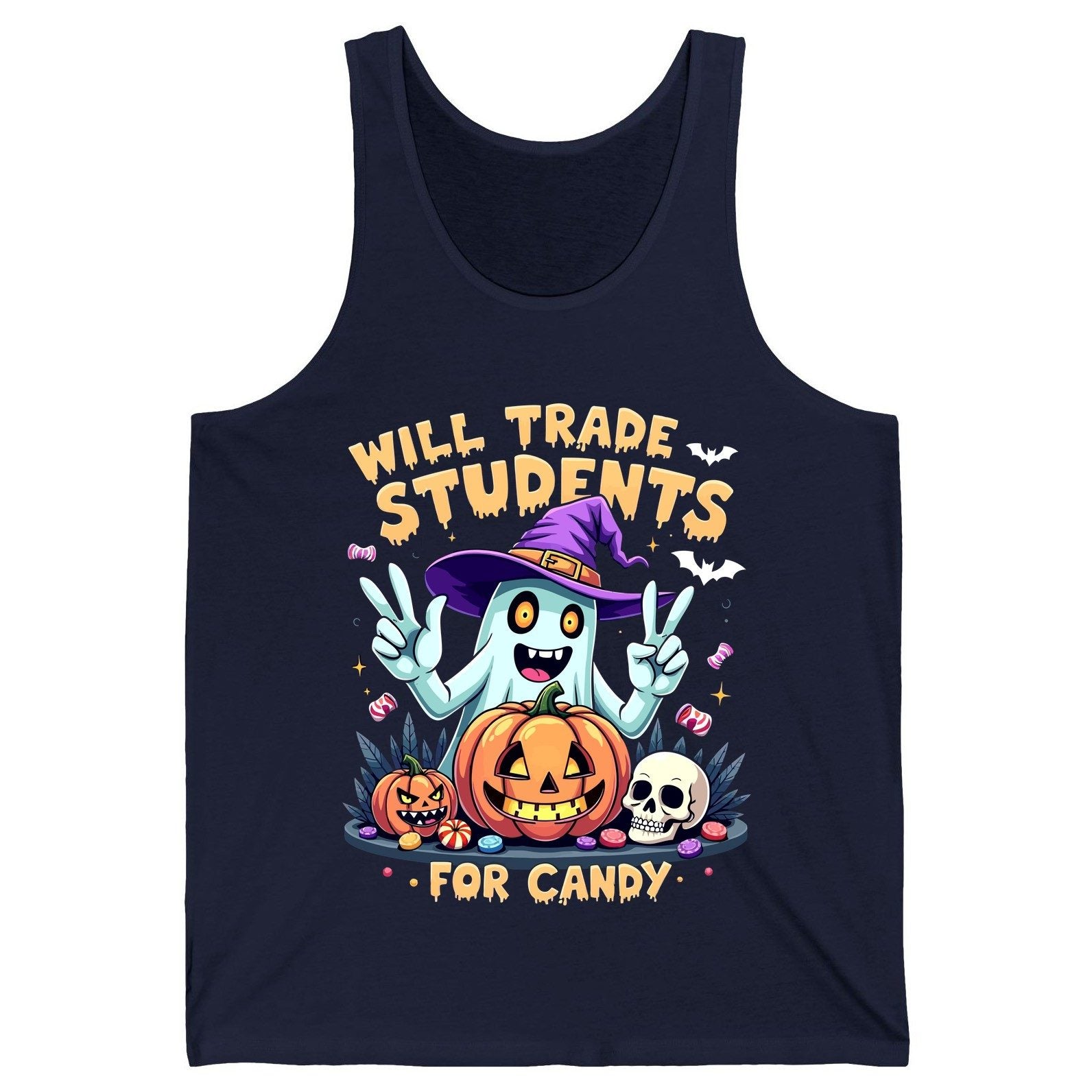 Will Trade Students for Candy teacher humor Tank Top Navy product mockup