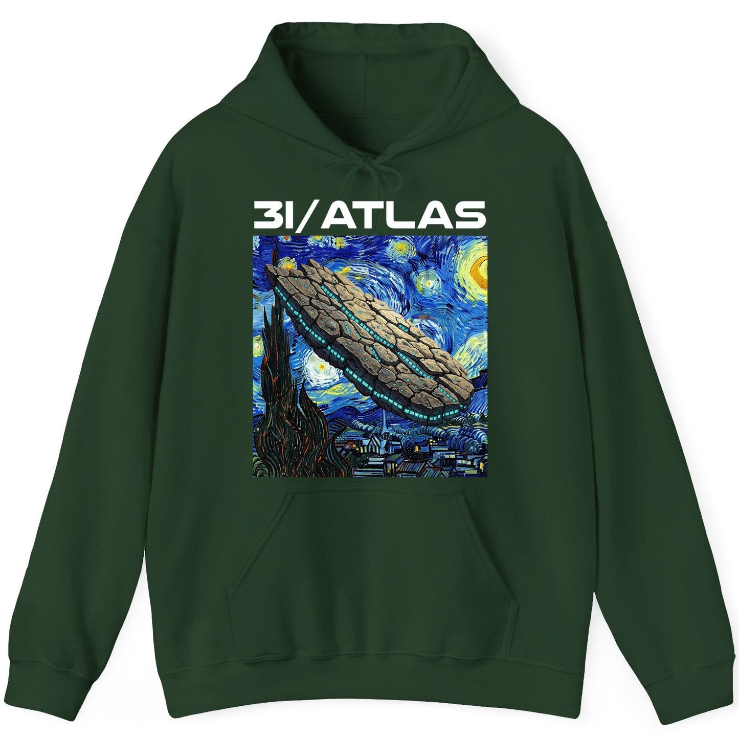 31 Atlas van gogh sci-fi mashup Hoodie Forest Green product mockup