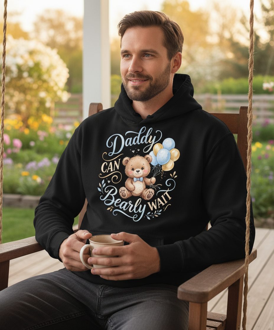 Daddy CAN Bearly WAIT Teddy Bear Hoodie - lifestyle model mockup - Black