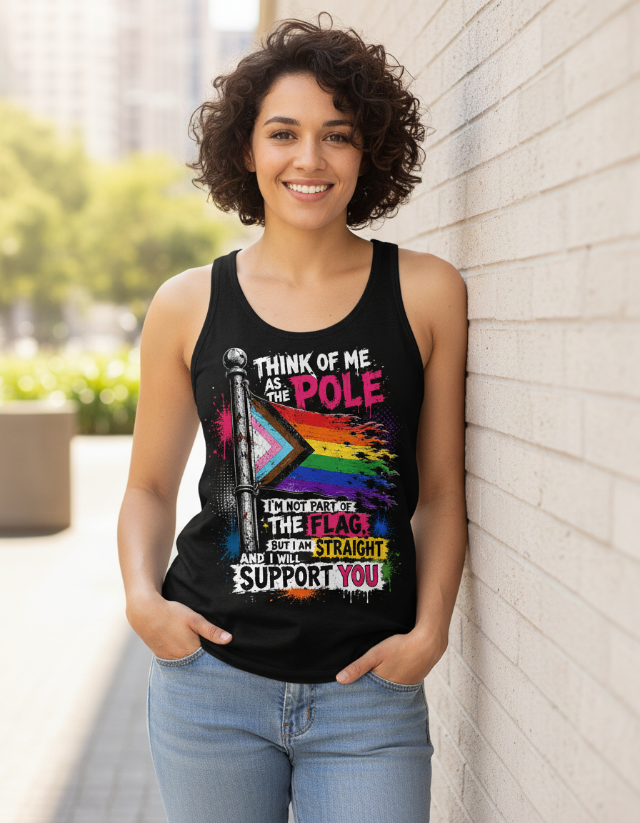 Straight Ally LGBTQ+ Support Pole and Flag Tank Top - Black