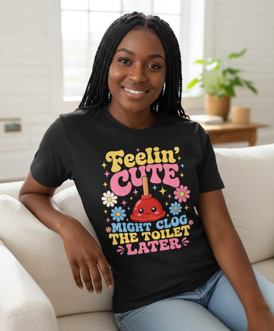 Feelin' Cute Might Clog the Toilet Later Funny Plunger T-Shirt - lifestyle model mockup - Black
