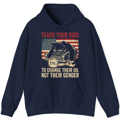 Teach Your Kids to Change Their Oil Not Their Gender car mechanic Hoodie Navy product mockup
