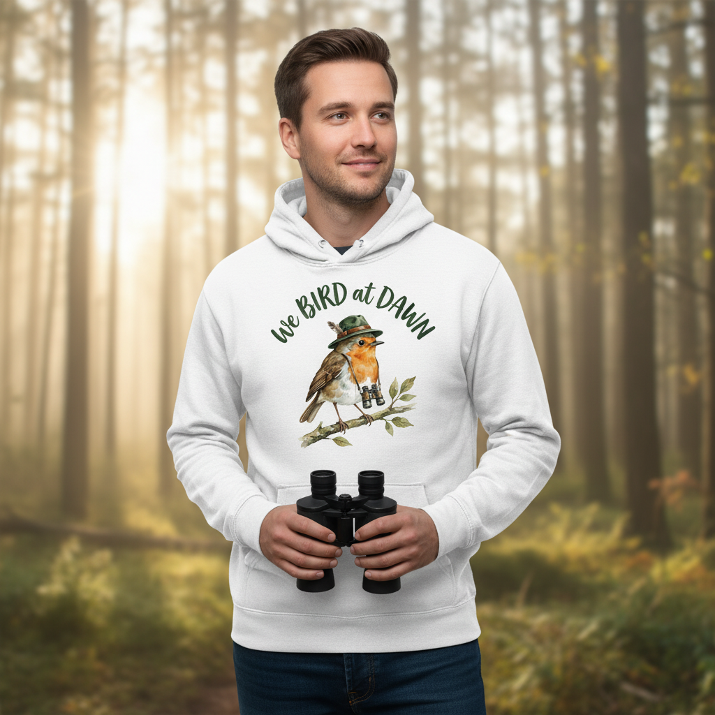 Watercolor Robin Birdwatcher with Hat and Binoculars Hoodie - lifestyle model mockup - White