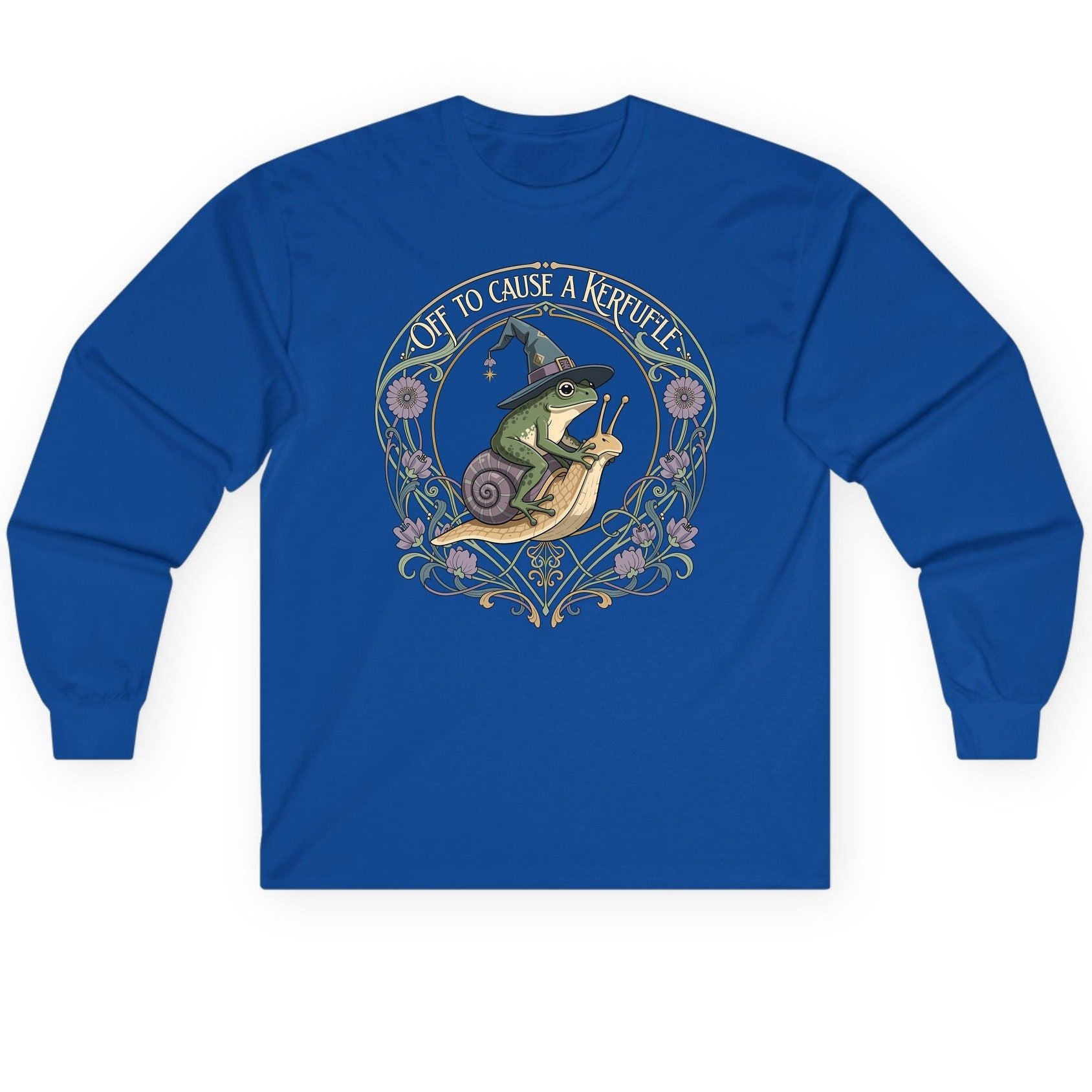 Off to Cause a Kerfuffle frog riding a snail Long Sleeve Tee Royal product mockup