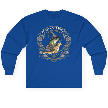 Off to Cause a Kerfuffle frog riding a snail Long Sleeve Tee Royal product mockup