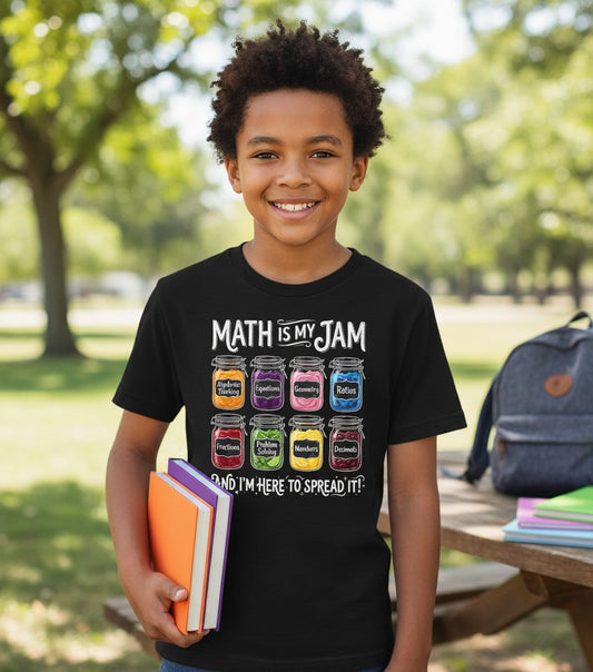 Math Is My Jam and I'm Here to Spread It! mathematics Youth T-Shirt Black lifestyle mockup