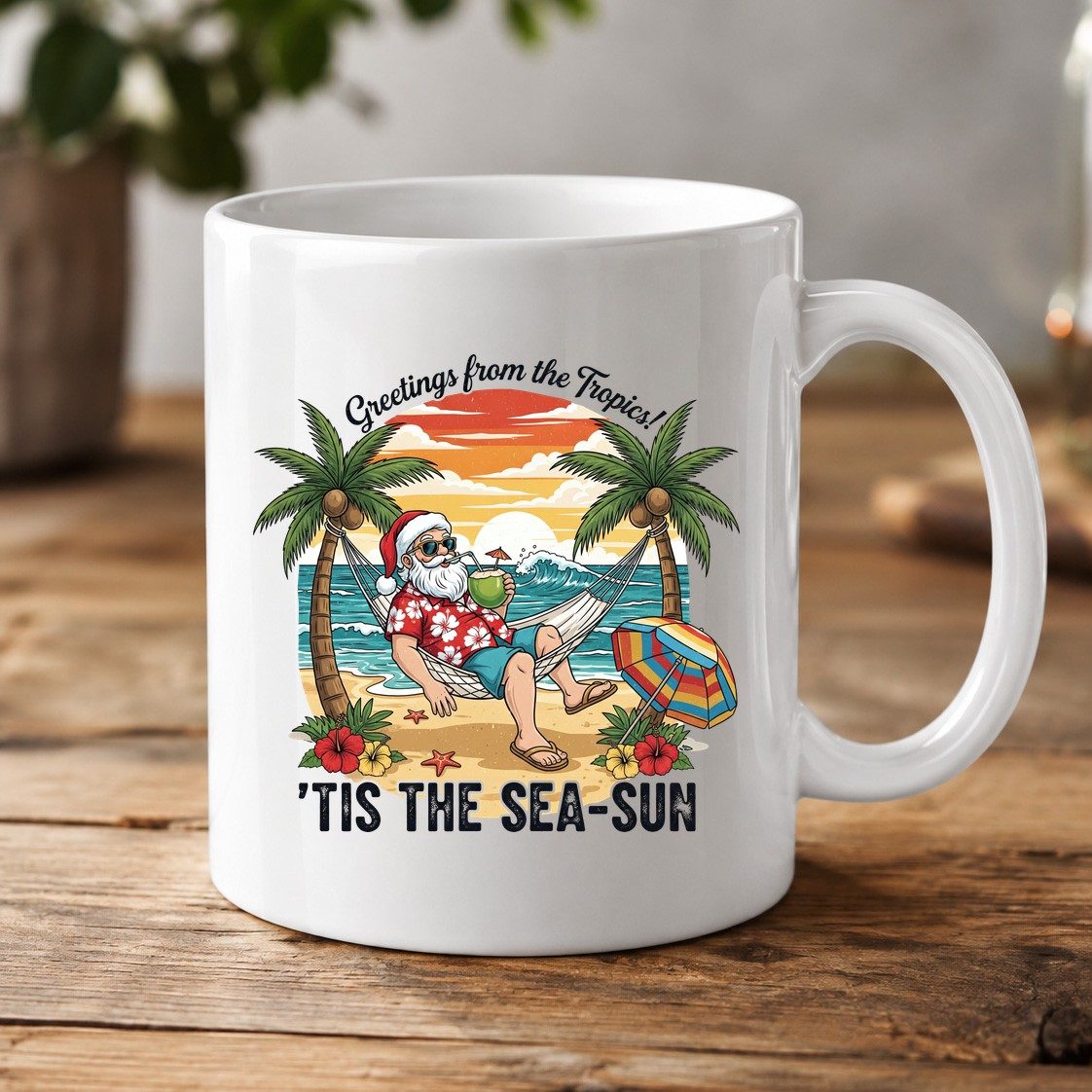 Greetings from the Tropics 'Tis the Sea-Sun santa claus on a tropical vacation White Mug White product mockup