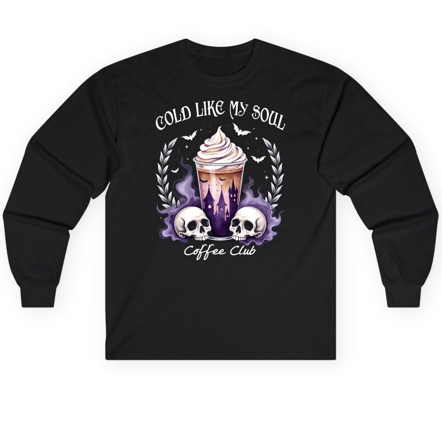 Cold Like My Soul Coffee Club gothic iced coffee Long Sleeve Tee Black product mockup