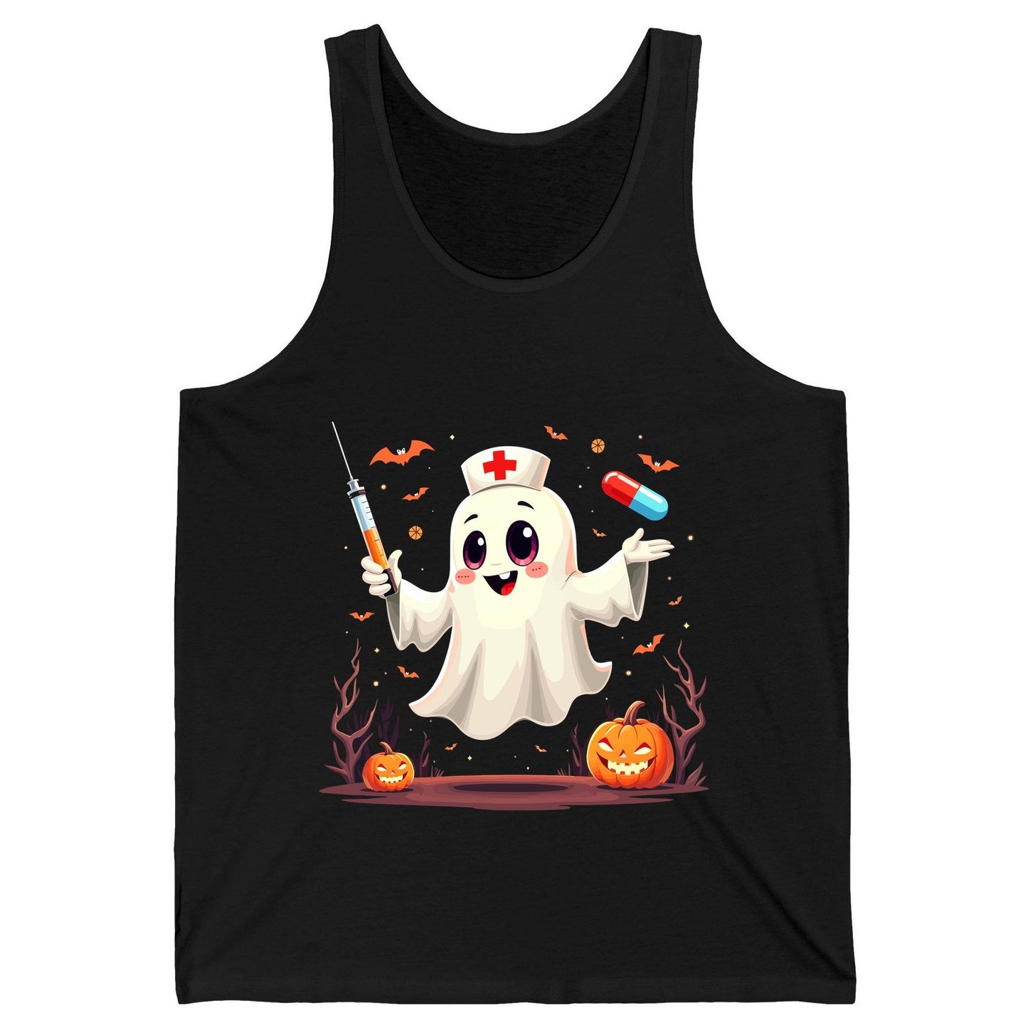 Cute Ghost Nurse Halloween ghost nurse Tank Top Black product mockup