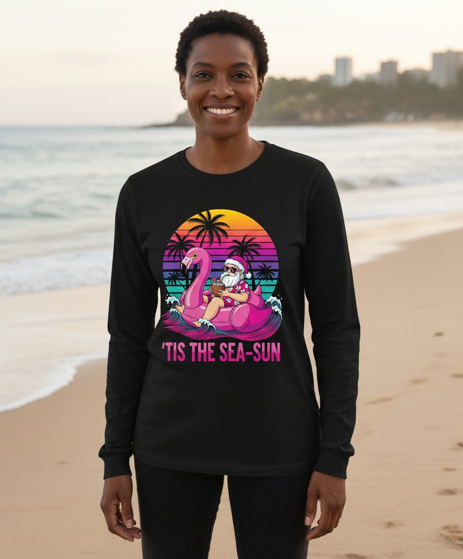 'Tis the Sea-Sun tropical santa claus Long Sleeve Tee Black lifestyle mockup