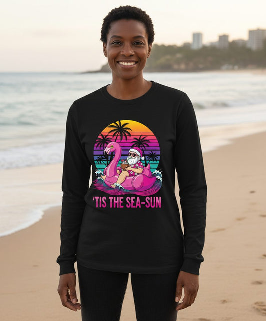 'Tis the Sea-Sun tropical santa claus Long Sleeve Tee Black lifestyle mockup