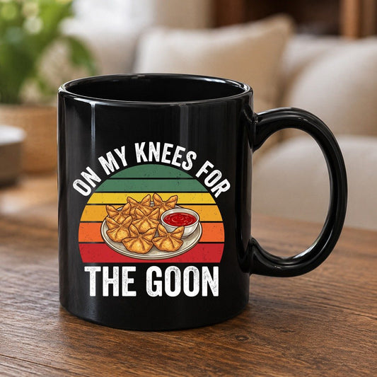 On My Knees for the Goon crab rangoon Black Mug Black product mockup