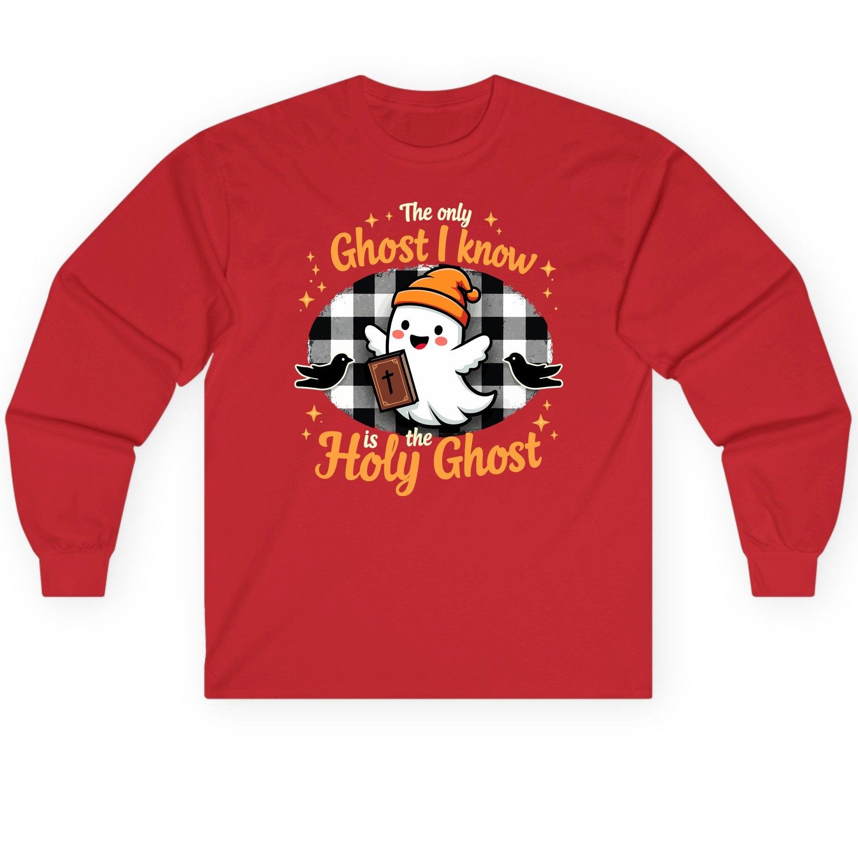 The Only Ghost I Know Is the Holy Ghost christian Halloween Long Sleeve Tee Red product mockup