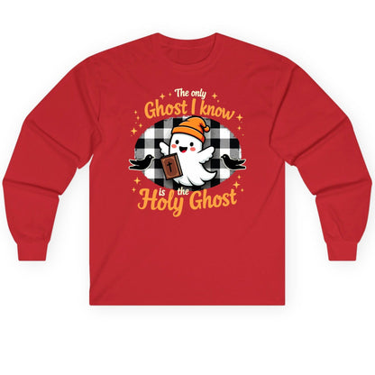 The Only Ghost I Know Is the Holy Ghost christian Halloween Long Sleeve Tee Red product mockup