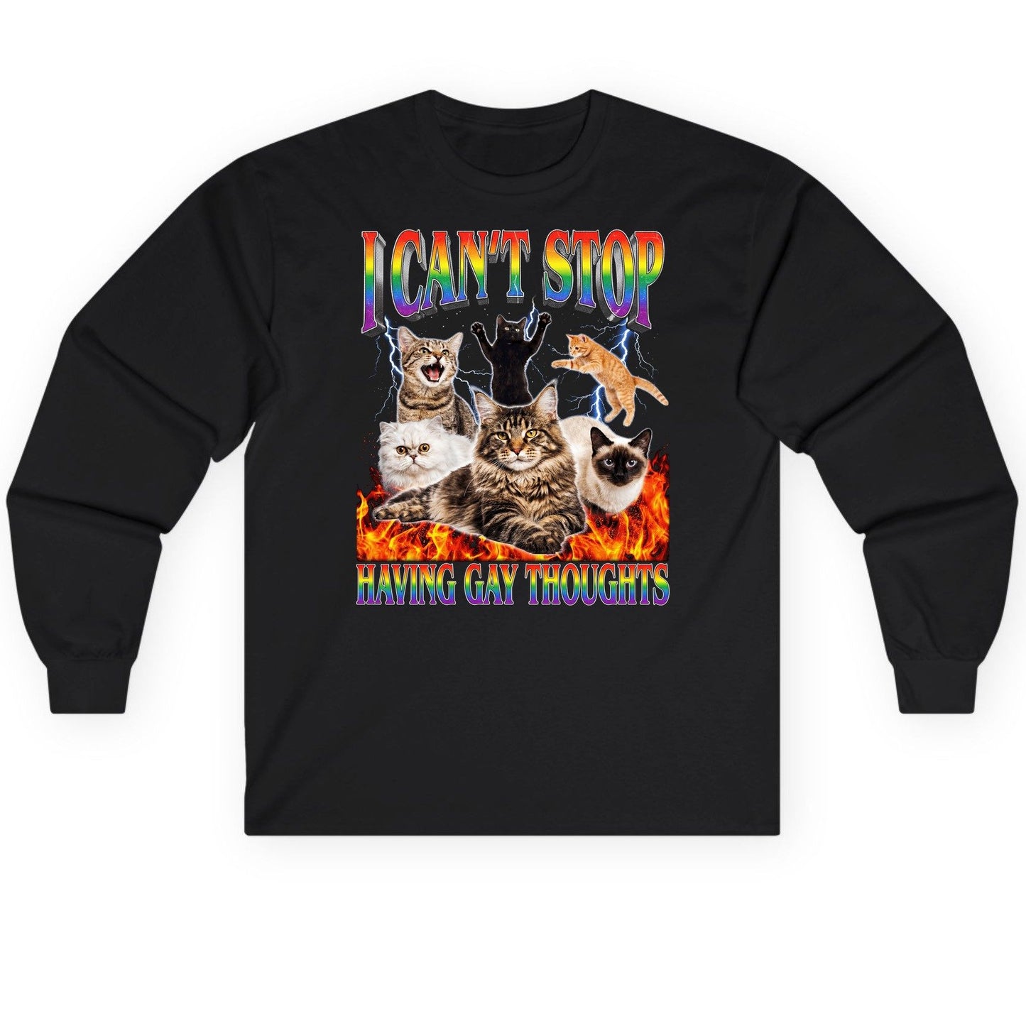 I Can't Stop Having Gay Thoughts cats Long Sleeve Tee Black product mockup