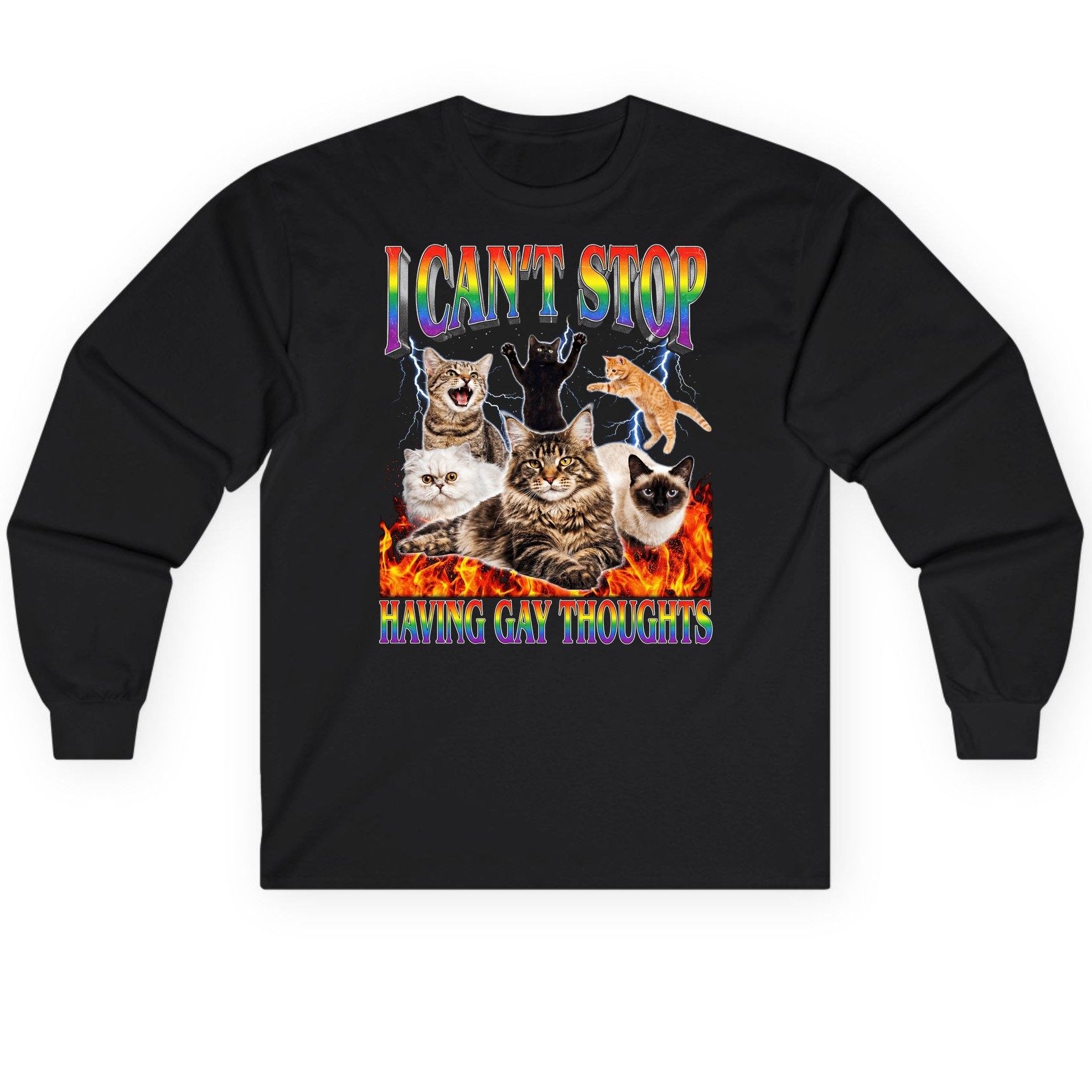 I Can't Stop Having Gay Thoughts cats Long Sleeve Tee Black product mockup