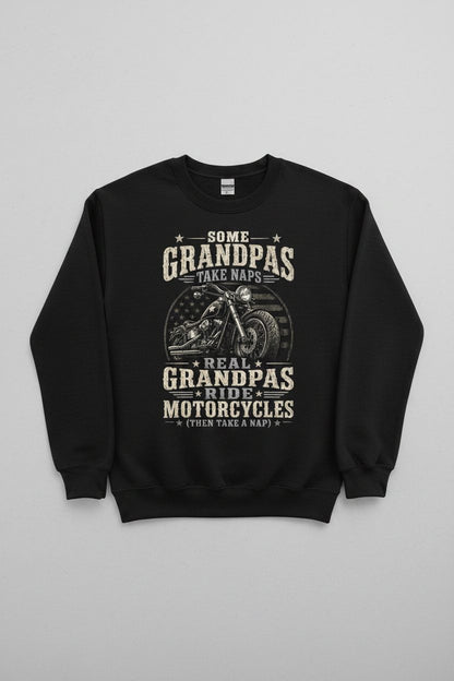 Some Grandpas Take Naps Real Grandpas Ride Motorcycles (then Take a Nap) Funny Detailed Illustration of Classic Motorcycle with Distressed Texture in the Background Is Subtle Weathered American Flag Pattern Stars and Stripes Sweatshirt - product mockup - Black