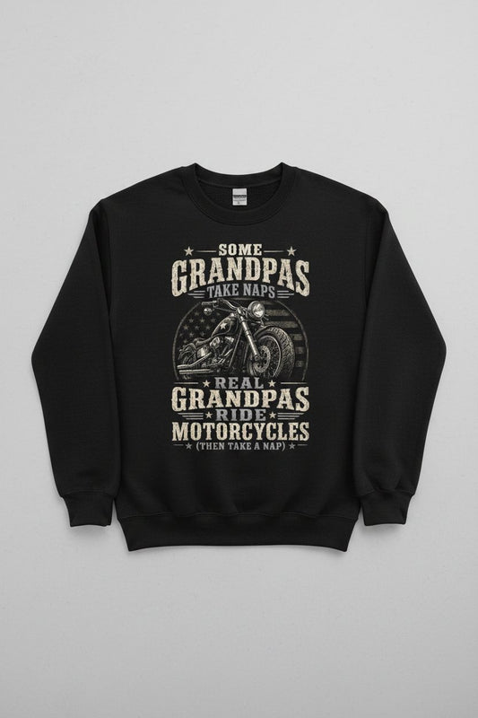 Some Grandpas Take Naps Real Grandpas Ride Motorcycles (then Take a Nap) Funny Detailed Illustration of Classic Motorcycle with Distressed Texture in the Background Is Subtle Weathered American Flag Pattern Stars and Stripes Sweatshirt - product mockup - Black
