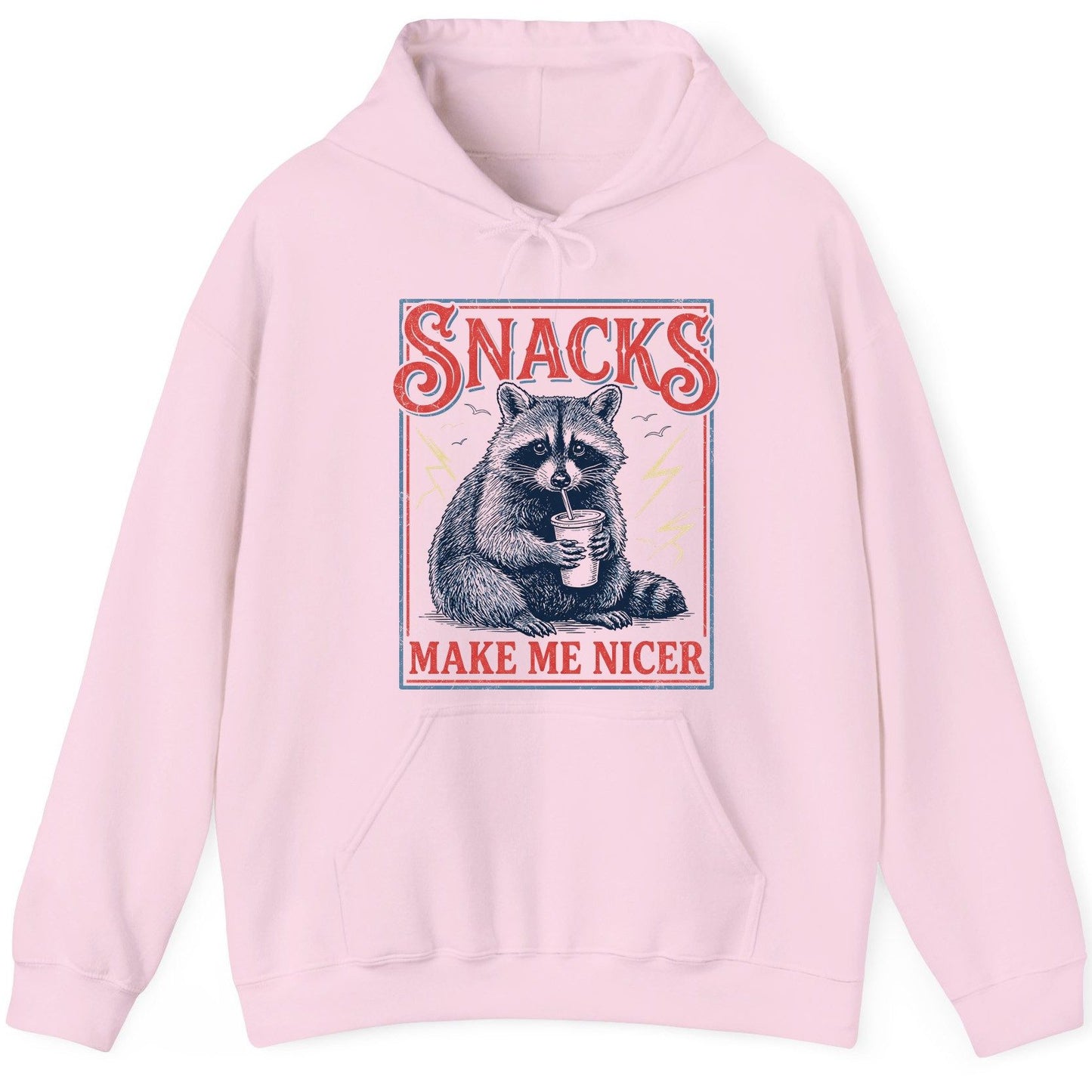 SNACKS MAKE ME NICER Funny Raccoon Hoodie - product mockup - Light Pink