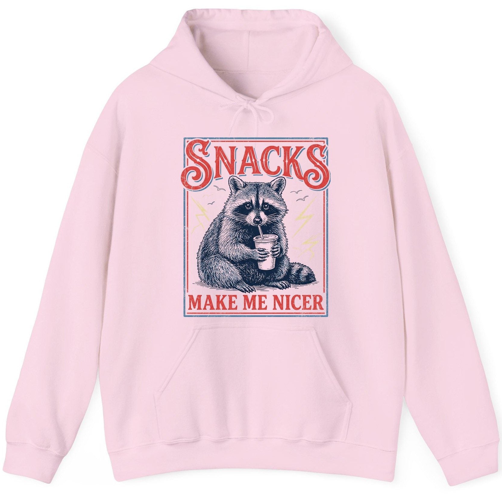 SNACKS MAKE ME NICER Funny Raccoon Hoodie - product mockup - Light Pink