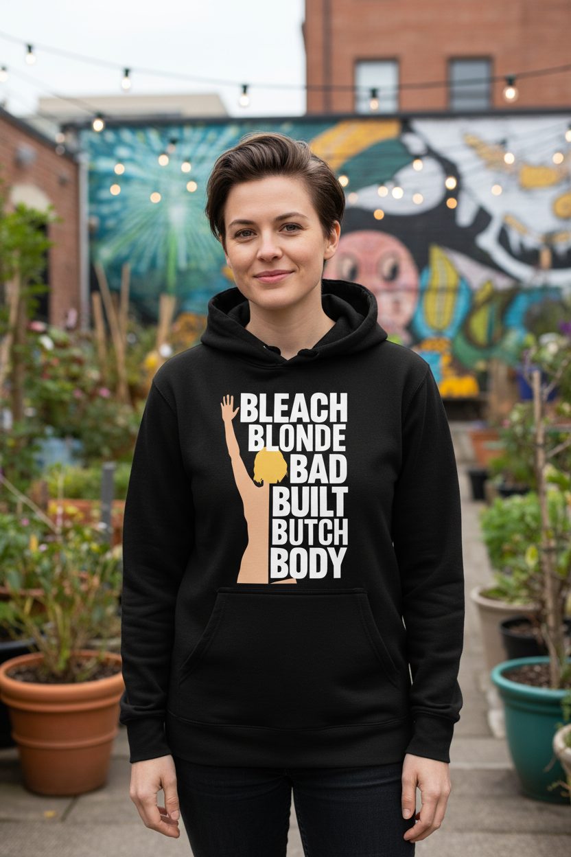 Bleach Blonde Bad Built Butch Body pop culture meme Hoodie Black lifestyle mockup