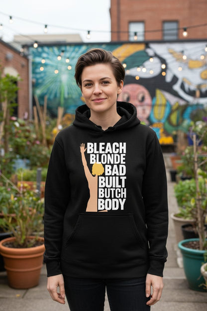Bleach Blonde Bad Built Butch Body pop culture meme Hoodie Black lifestyle mockup