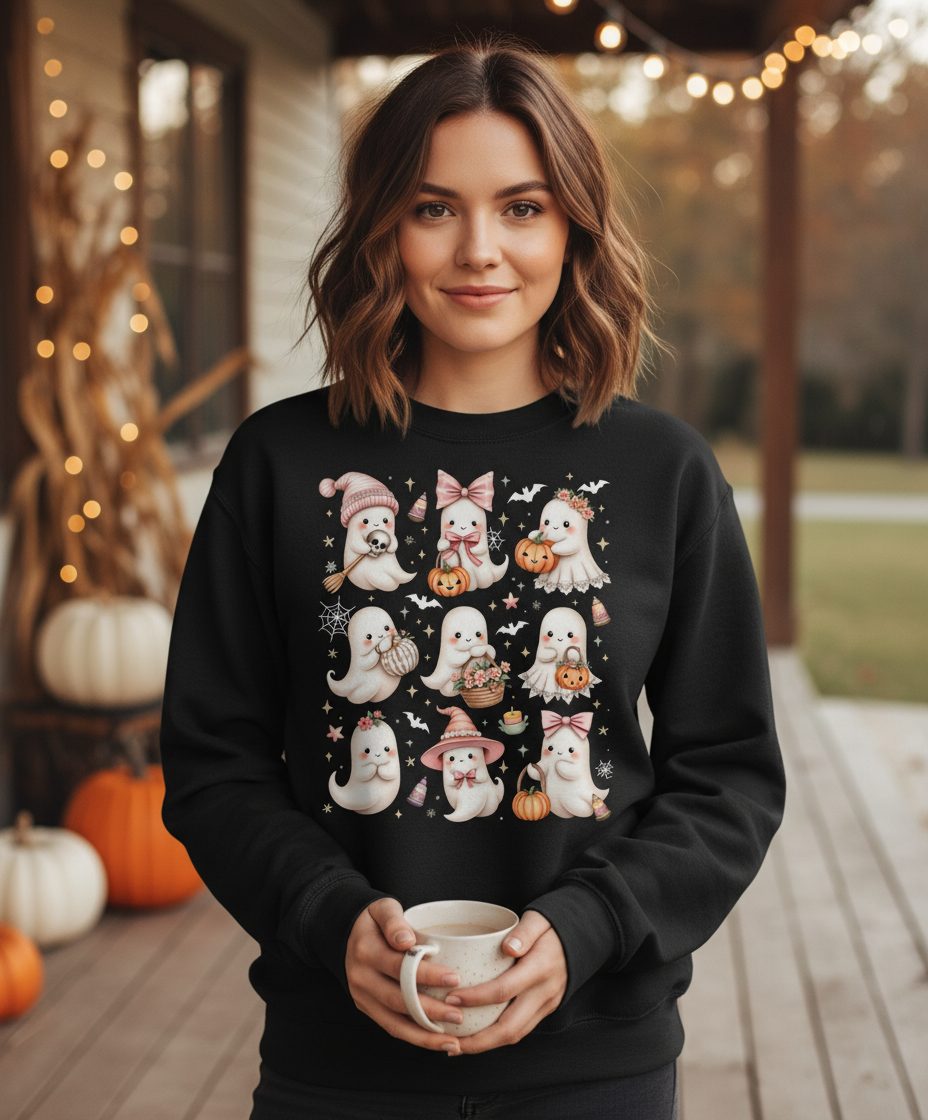 Cute Pink Halloween Ghosts cute Halloween ghosts Sweatshirt Black lifestyle mockup
