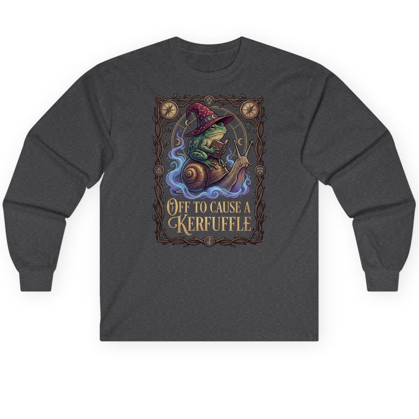 Off to Cause a Kerfuffle frog wizard Long Sleeve Tee Dark Heather product mockup