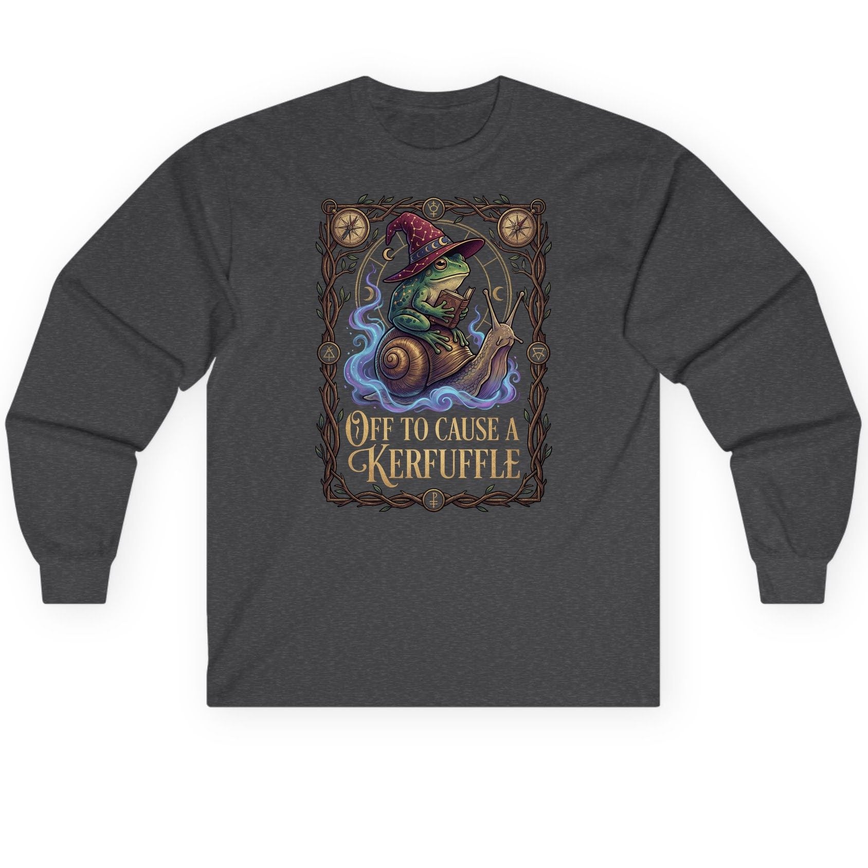 Off to Cause a Kerfuffle frog wizard Long Sleeve Tee Dark Heather product mockup
