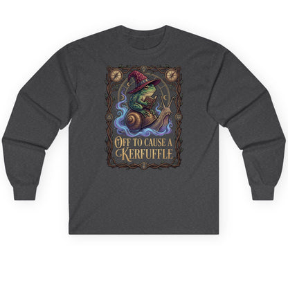 Off to Cause a Kerfuffle frog wizard Long Sleeve Tee Dark Heather product mockup