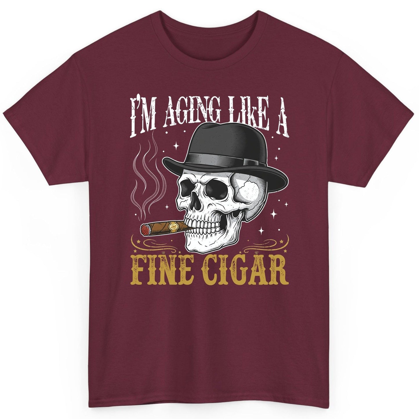 I'm Aging Like a Fine Cigar smoking skull T-Shirt Maroon product mockup