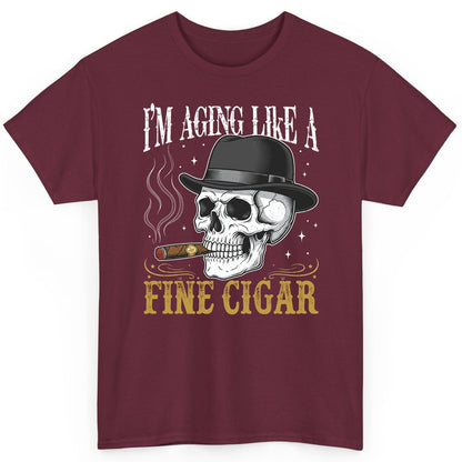 I'm Aging Like a Fine Cigar smoking skull T-Shirt Maroon product mockup