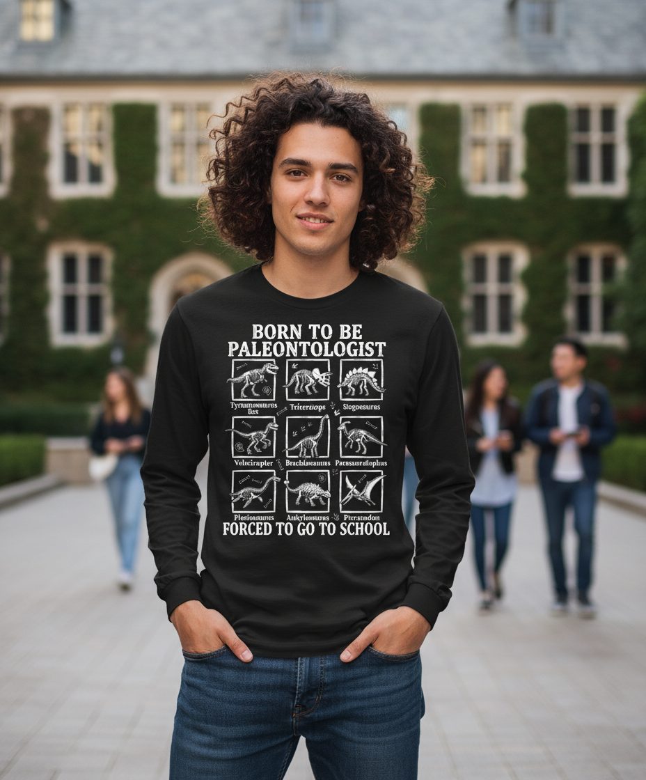 Born to Be Paleontologist Forced to Go to School dinosaurs Long Sleeve Tee Black lifestyle mockup