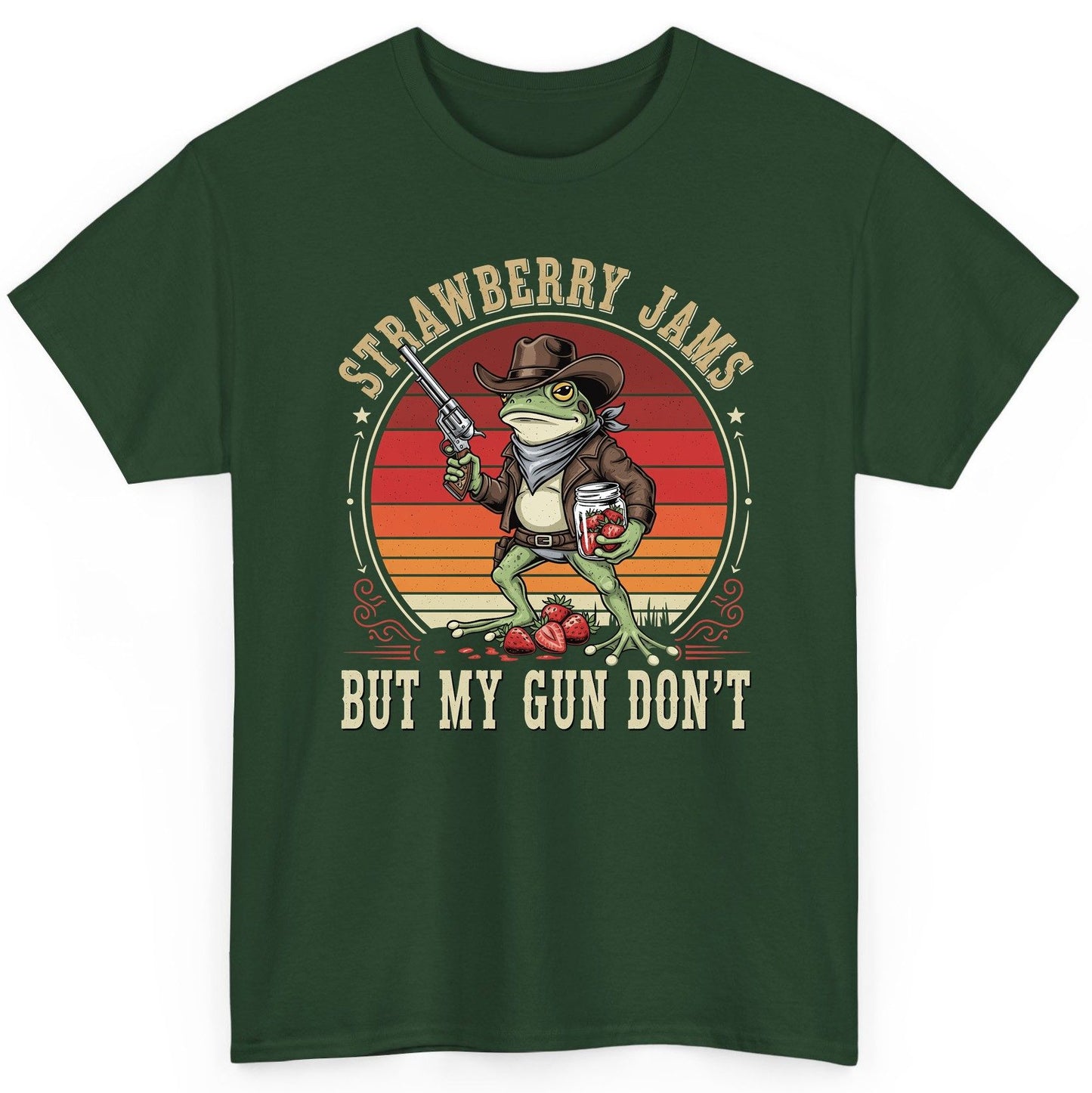 Strawberry Jams but My Gun Don't cowboy frog T-Shirt Forest Green product mockup