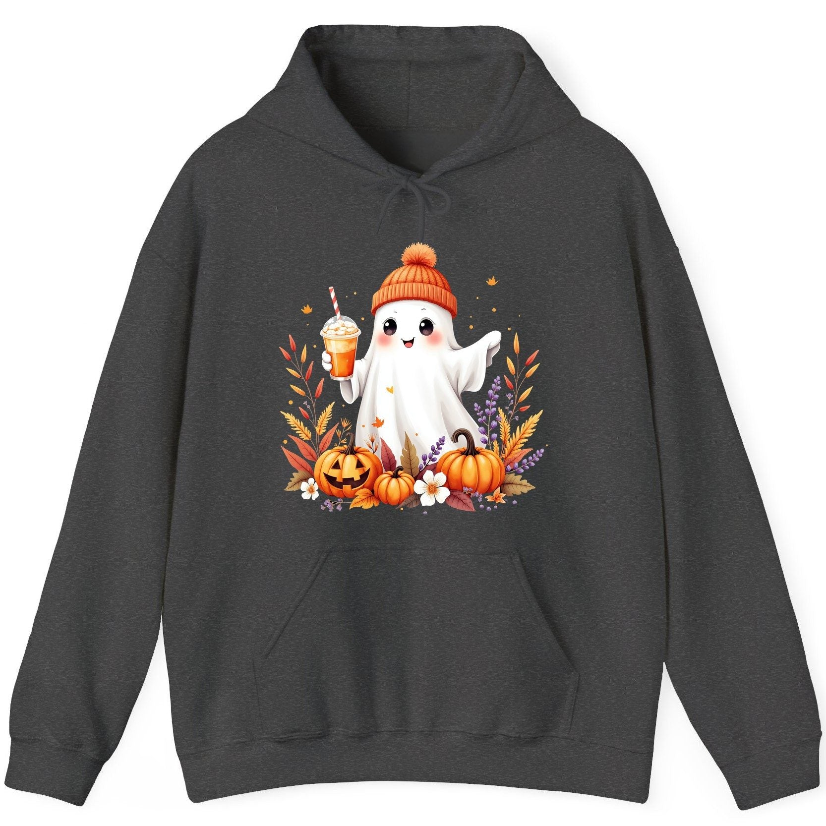 Cute Ghost Pumpkin Spice Latte cute Halloween ghost Hoodie Dark Heather product mockup