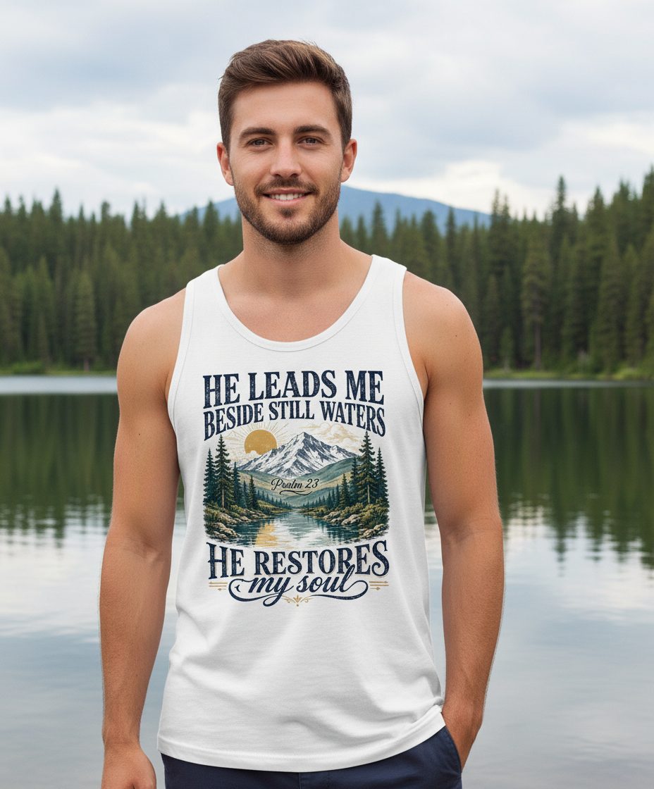 He Leads Me Beside Still Waters He Restores My Soul Tank Top - lifestyle model mockup - White