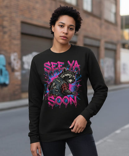 See Ya Soon Raccoon Sweatshirt - lifestyle model mockup - Black