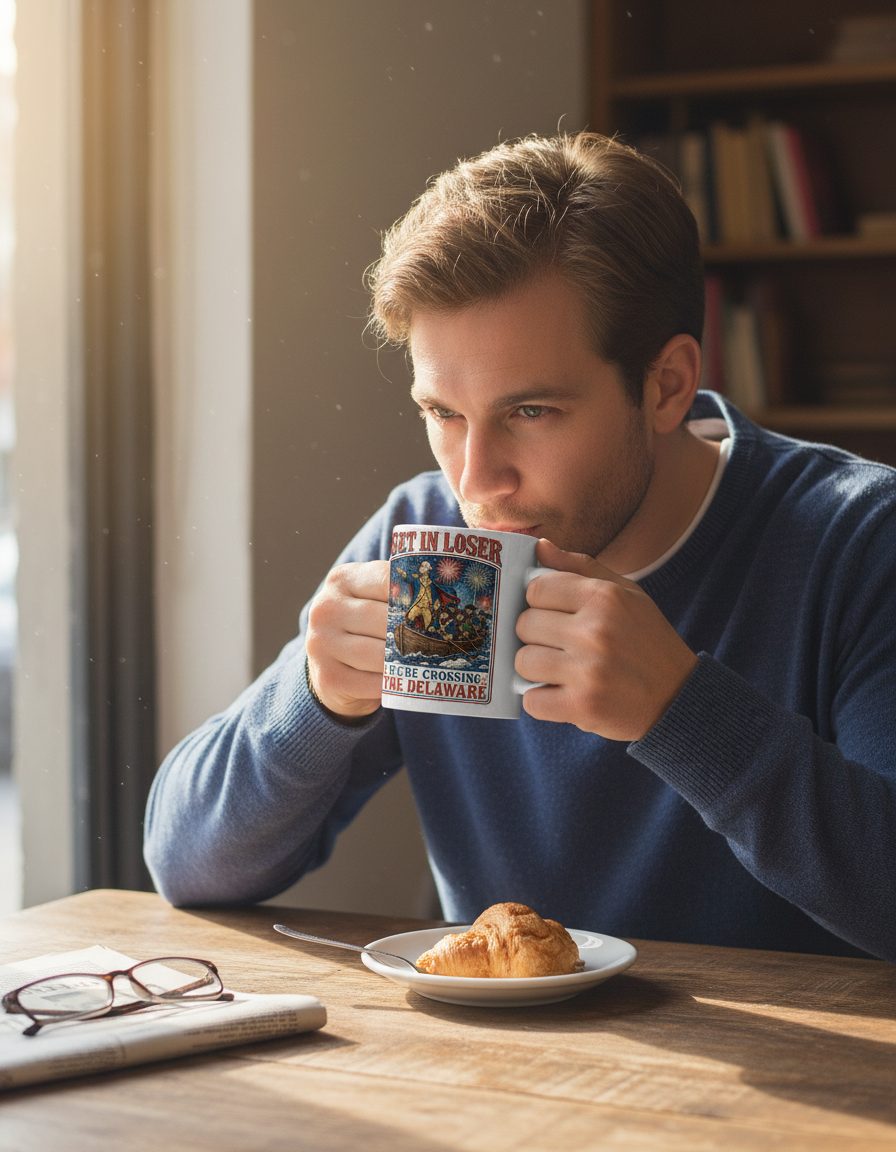 Get in Loser We're Crossing the Delaware White Mug - lifestyle model mockup - White