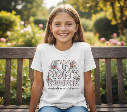 I'm Mom's Favorite (She Told Me Not to Tell You) sibling rivalry humor Youth T-Shirt White lifestyle mockup