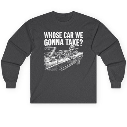 Whose Car We Gonna Take? skeletons in a car Long Sleeve Tee Dark Heather product mockup