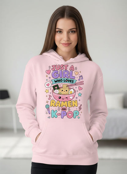 Just a Girl Who Loves Ramen and K-Pop Fans Hoodie - product mockup - Light Pink