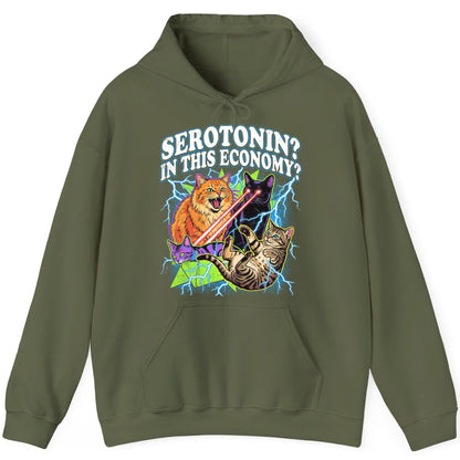 Serotonin in This Economy? cats Hoodie Military Green product mockup