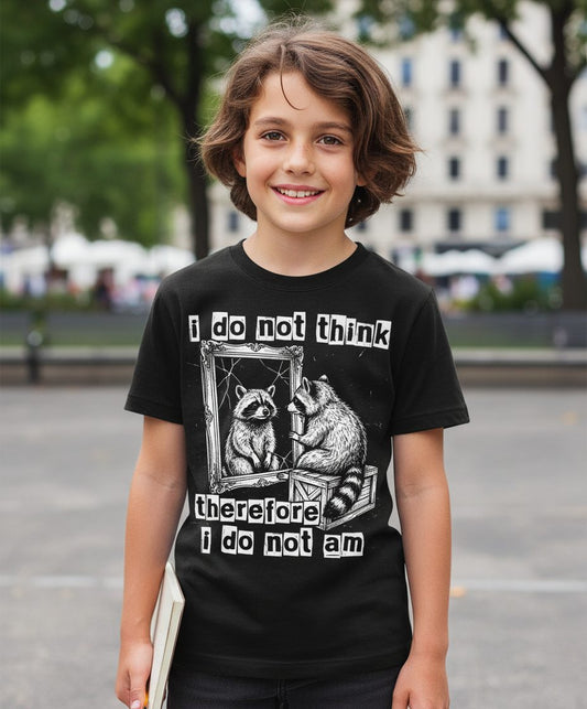 I Do Not Think Therefore I Do Not Am raccoon Youth T-Shirt Black lifestyle mockup