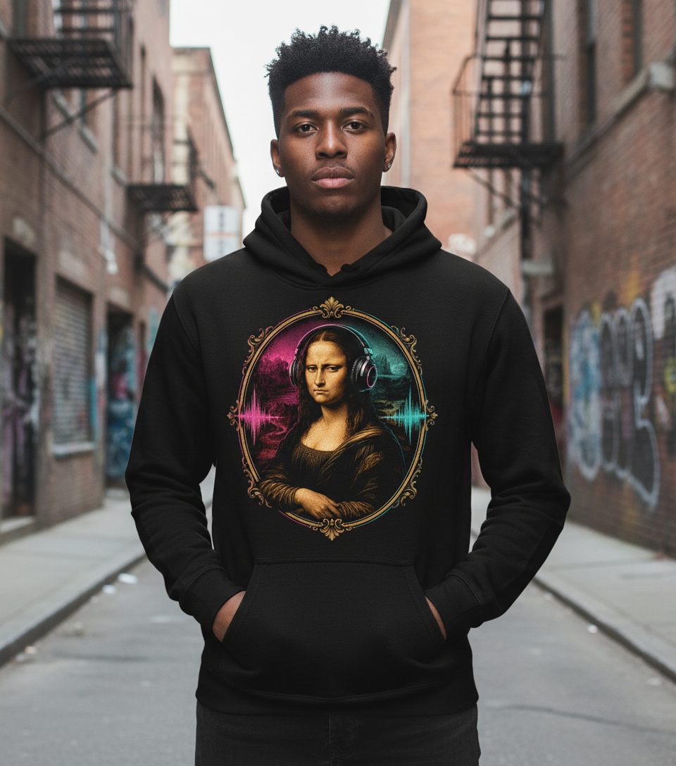 Dj Mona Lisa Art Parody Funny Lovers Hoodie - product mockup - Black