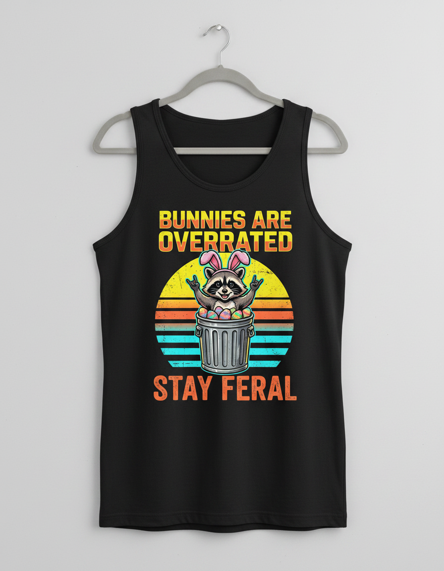 Bunnies Are Overrated Stay Feral Raccoon Tank Top - Black