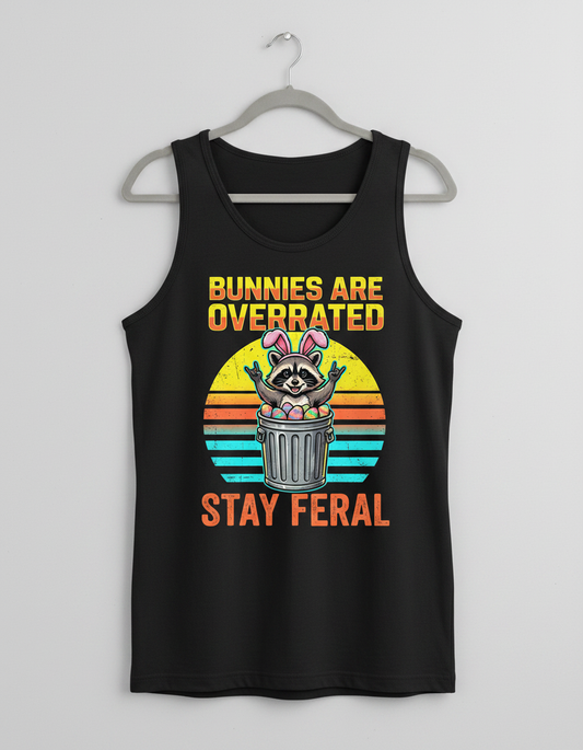 Bunnies Are Overrated Stay Feral Raccoon Tank Top - Black
